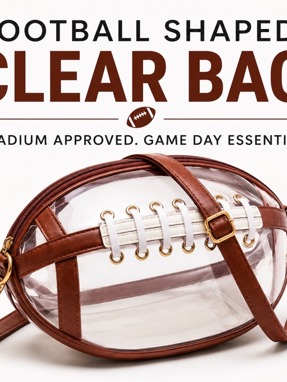 Football-Shaped Clear Crossbody Bag Stadium Approved Brown Purse
